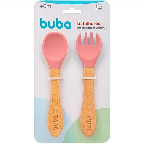 Kit Talheres Silicone E Bambu - Rosa