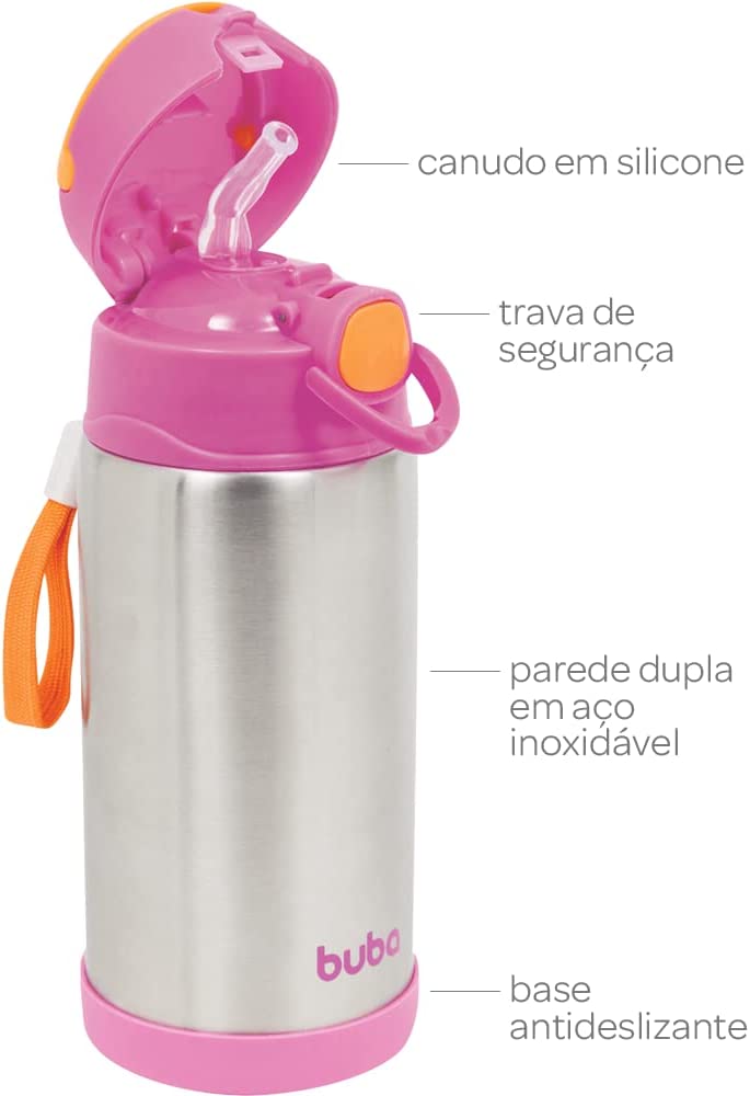 Garrafa Térmica Parede Dupla Rosa 400mL, Buba